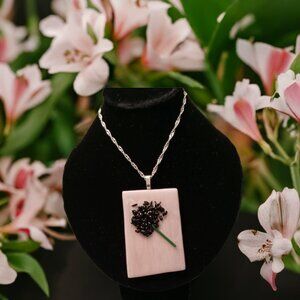 Bold fused glass dandelion necklace Artisan made pink black flower jewelry Gift